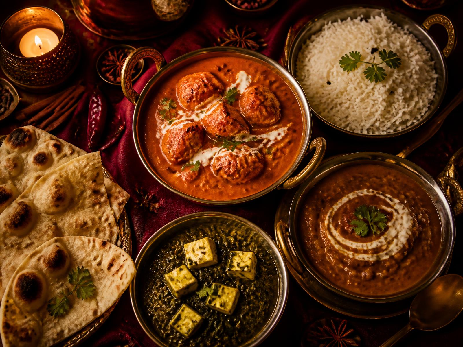 A candlelit spread of homemade Indian dishes in brass bowls